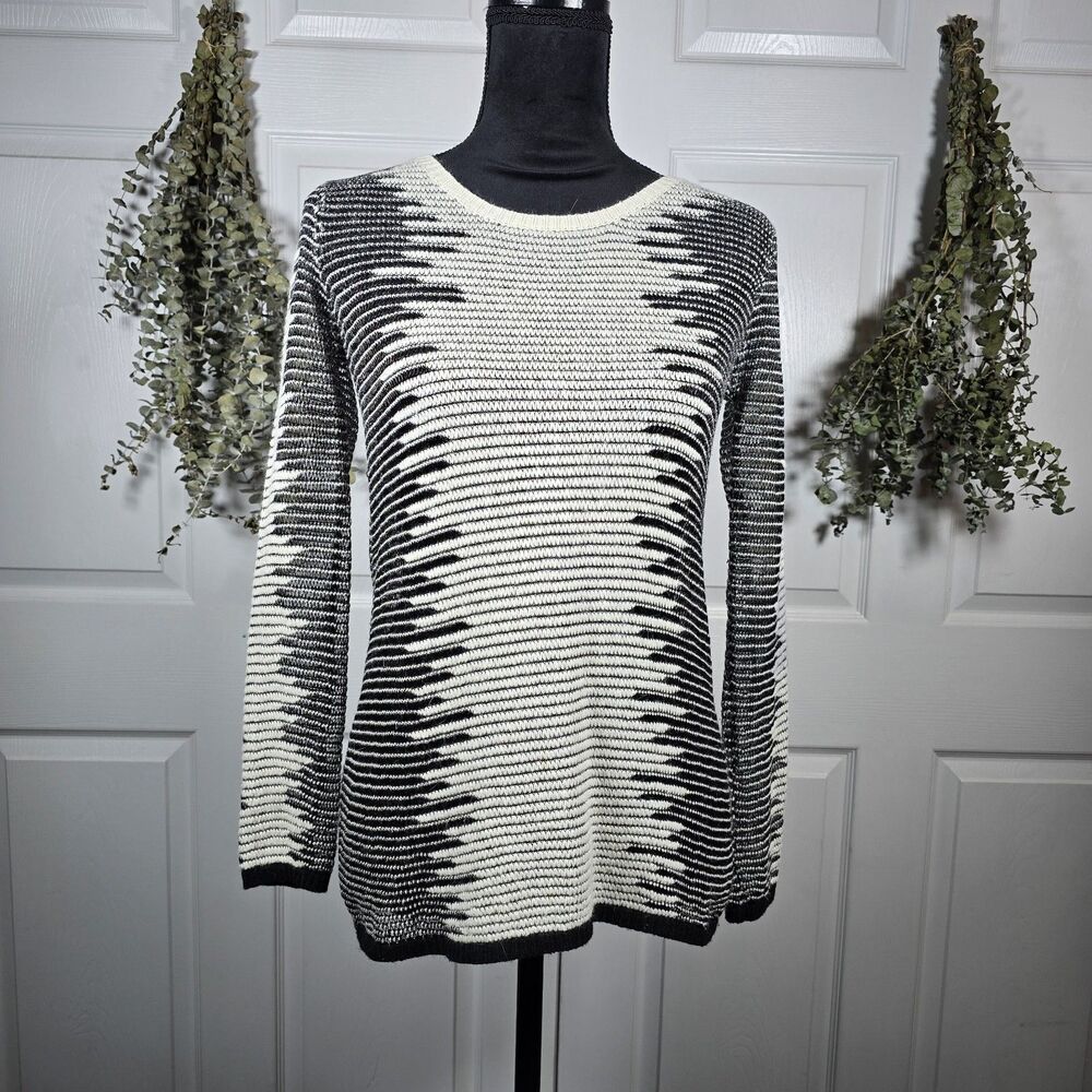 Chelsea And Violet Metallic Tunic Sweater Black White Frayed Open Knit XS